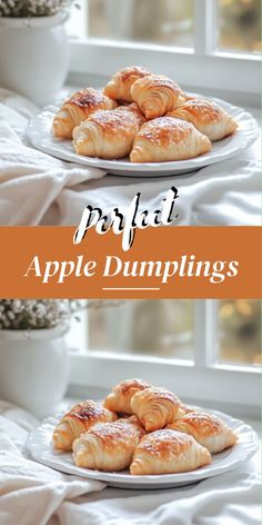 apple dumplings on two white plates with text overlay that reads perfect apple dumplings