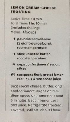 a recipe for lemon cream cheese is shown on a white paper sheet with information about how to make it