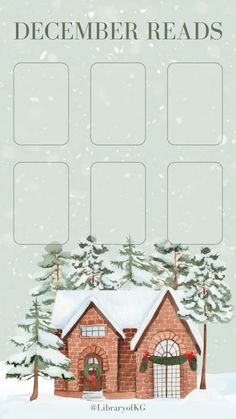 a christmas card with a house in the snow and trees on it, which reads december reads