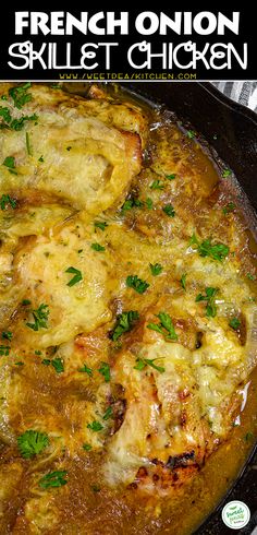 a skillet filled with chicken covered in gravy and garnished with parsley