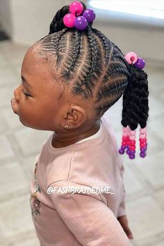 Medium-Length Ponytails with Side-Swept Cornrows for Your Baby Girls Little Black Hairstyles Kids, Kids Halo Braid Hairstyles, Child Braid Hairstyles, Braids And Beads Kids, Black Kid Hair Styles, Easy Kid Hairstyles, Kids Braided Hairstyles Natural Hair, Toddler Braided Hairstyles With Beads, Ponytail Hairstyles For Kids