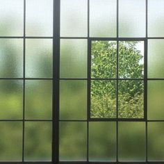 an open window with the view of trees through it's glass panes in front of a green tree