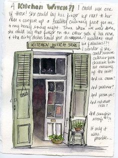 a drawing of a kitchen window with the words kitchen witch written on it and two chairs in front