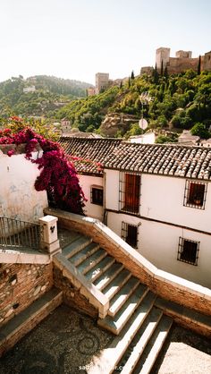 stairs leading up to the top of a building with flowers growing on it's side