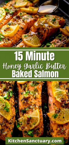 honey garlic butter baked salmon with lemons and parsley