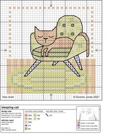 a cross stitch pattern with a cat sitting on a chair in the middle of it