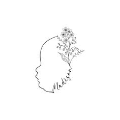 a black and white drawing of a woman's head with flowers in her hair