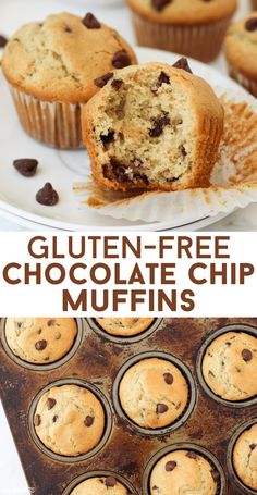 gluten - free chocolate chip muffins on a plate with the title