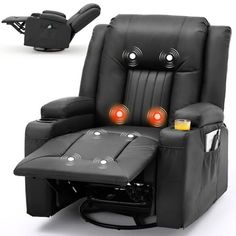 a black reclining chair with two red lights on it's head and arm