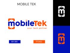 the logo for mobile tek is shown in three different colors and font styles, including blue