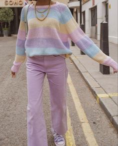 Pastel Dress Outfit Classy, Crochet Purple Sweater, Weird Colorful Outfits, Casual Whimsical Outfits, Pastel Purple Clothes, Purple And Blue Outfit, Esther Aesthetic, Taylor Swift Lover Era Outfits, Lover Era Outfits