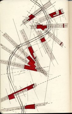 an abstract drawing with red and white lines