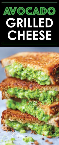 avocado grilled cheese is stacked on top of each other, with the title above it