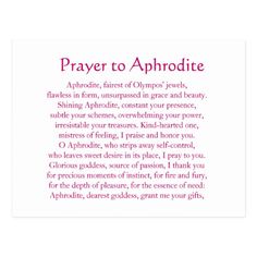 a prayer card with the words prayer to aphrodite in pink and white