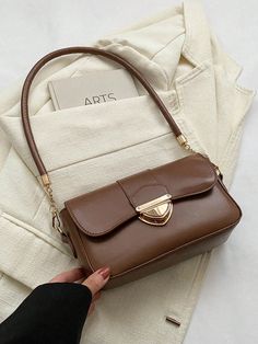 Brown Casual,Elegant Collar  PU Leather Plain Square Bag Embellished   Women Bags Old Money Bags, Neutral Purse, Aesthetic Purses, Minimalist Handbag, Retro Love, Embroidered Handbag, Love Lock, Adjustable Bag