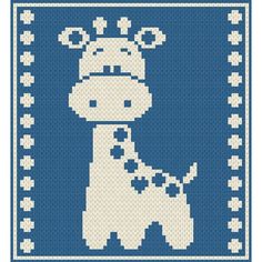 a blue and white cross stitch pattern with a giraffe on it's face