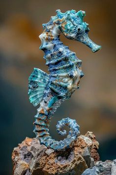 a seahorse is standing on some rocks in the water and it's tail is up