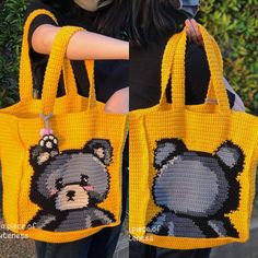 a woman carrying a yellow crocheted bag with a black bear on it