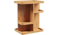 a wooden shelf with three shelves on each side