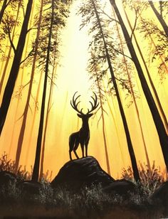 a painting of a deer standing on top of a rock in the woods at sunset