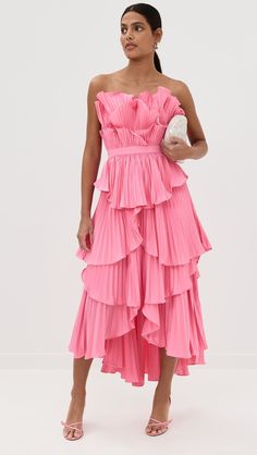 AMUR Judah Scallop Pleated Dress | Shopbop Pre-draped Sleeveless Dress With Ruffles, Tiered Maxi Dress With Ruffles For Evening, Spring Pleated Pre-draped Midi Dress, Black Ruched Tiered Skirt Dress For Evening, Ruched Tiered Skirt Evening Dress, Ruched Tiered Skirt Dress For Evening, Sleeveless Maxi Dress With Voluminous Skirt For Party, Gala Tiered Skirt Dress With Ruffles, Gala Ruffled Tiered Skirt Dress