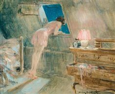 a painting of a woman leaning over a dresser