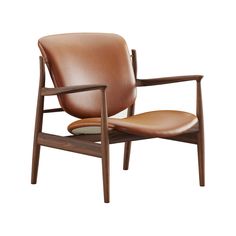 a brown leather chair sitting on top of a wooden frame