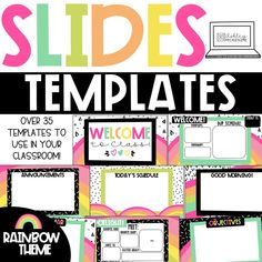 classroom slides templates for teachers to use in the classroom, with rainbow and black background