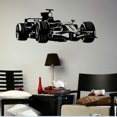 a black and white wall decal of a racing car