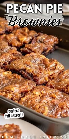 pecan pie brownies in a pan with text overlay