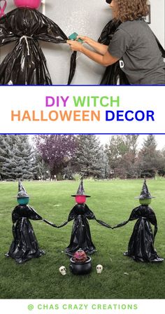 two children dressed up as witches holding hands in front of a whiteboard with the words diy witch halloween decor