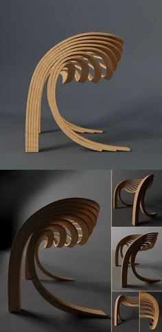 an image of a wooden object that looks like a curved piece of wood, with different angles