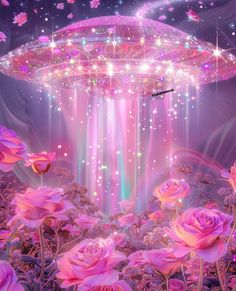 an alien spaceship flying over pink flowers in the night sky with stars and lights above it