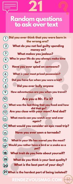 a pink poster with the words 21 random questions to ask over text