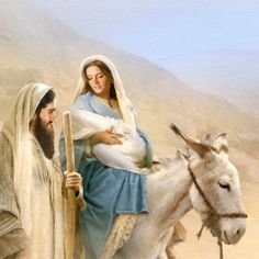 a painting of jesus holding the baby jesus on a donkey