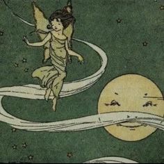 an illustration of a fairy flying over the moon