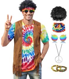 a man wearing sunglasses, tie dye shirt and hippie hat with peace sign on it