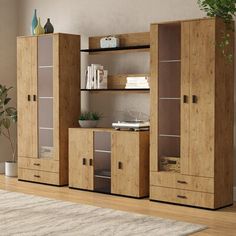 a living room scene with focus on the cabinet and bookcase in the foreground