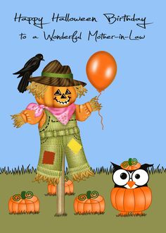 Birthday On Halloween to Mother-in-Law, Owl in a pumpkin patch card Birthday On Halloween, Orange Balloons, Vip Card, Brother Birthday, Applique Templates, 80th Birthday, Cute Owl