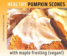 there is a healthy pumpkin scones with maple frosting on the top and bottom