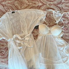 Short Sleeve Robe With Lace Detailing On Arm And Front. Top Has Ruffle Detailing On The Bottom. Lingerie Robe Dress, Honey Moon Ideas Wedding Night Bridal Lingerie, Wedding Night Nightgowns, Honey Moon Outfit, Wedding Lingerie Outfit Night, Honeymoon Outfits Night, Modest Lingerie, Wedding Night Outfit, Bridal Pjs