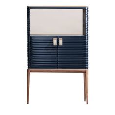 a blue cabinet with two doors and a wooden frame on the front, against a white background