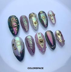 Celestial Nail Art Starry Nights, Labradorite Nails, Short Square Spring Nails, Aesthetic Nails Short, Pink Nails Spring, Fairycore Nails, Whimsical Nail Art, Almond Spring Nails, Blue Spring Nails