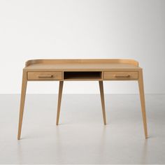 a wooden desk with two drawers sitting on top of it's legs and one drawer open