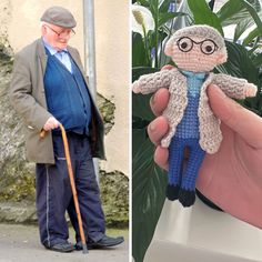 an old man is holding a crocheted doll in one hand and the other has a cane