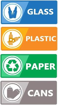 three different types of glass and plastic stickers on a white background with the words paper cans