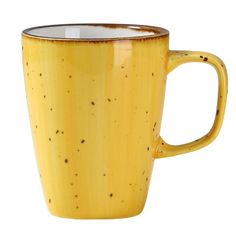 a yellow coffee cup with brown speckles on it