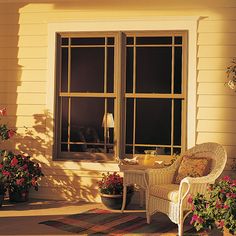 the sun shines through two windows onto a patio with flowers and potted plants