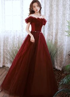 Wine Red Off Shoulder Tulle Long Party Dress, Wine Red Long Formal Dress Off The Shoulder Evening Dress, Formal Prom Dresses Long, Off Shoulder Evening Dress, Long Party Dress, A Line Prom Dress, Dress Wine, A Line Evening Dress, Beaded Tulle, Burgundy Prom Dress