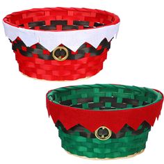 two baskets with red, green and black trimmings on each basket are shown